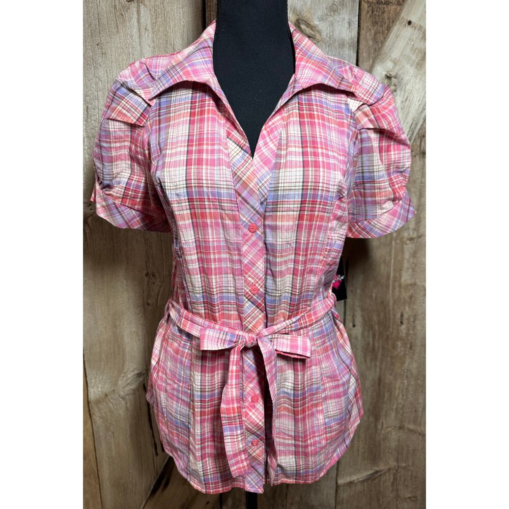 Susie Rose Pink Strawberry Plaid Short Sleeve Button Up Shirt Top W/ Tie Waist